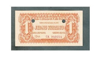 Staré bankovky 1 koruna 1944 VZÁCNÁ perforace