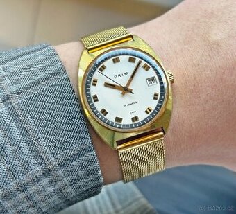 Československé mechanické vintage pánske hodinky PRIM Zlaté.