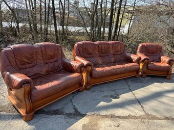 Kožená sedací souprava 3+2+1 s masivním dřevem