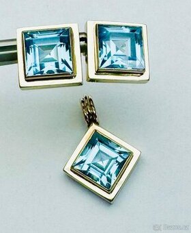 14K ZLATÉ NÁUŠNICE A PŘÍVĚSEK S AQUAMARINEM - VELMI KVALITNÍ