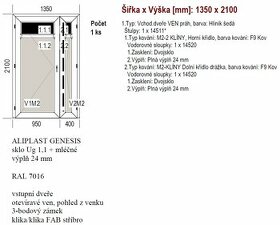 Prodám nové velice kvalitní hliníkové dvoukř.dveře 1350x2100