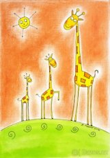 Prodám malovaný obrázek pro děti - Žirafy - reprodukce, A4 - 1