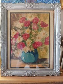 OBRAZ OLEJ V DŘEVĚNÉM VYŘEZÁVANÉM RÁMU SIGNATURA