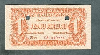 Staré bankovky 1 koruna 1944 VZÁCNÁ perforace