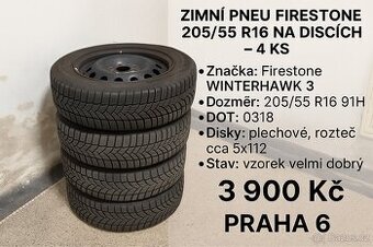Zimní pneu Firestone 205/55 R16 na discích – 4 ks