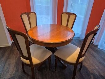 Jídelní kulatý stůl, rozkládací a 4 židle - pěkný