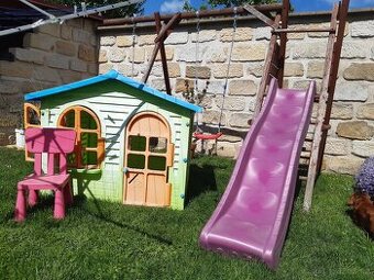 Dětská houpačka, skluzavka, domek