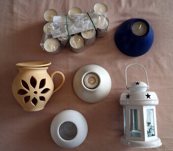 Keram. svícny, aroma lampa, lucerna + čaj. svíčky; petrželák