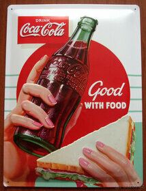 Nová plechová cedule - Coca-Cola (Good with Food)