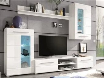 bílá obývací TV stěna (2x skříň, 2x komoda, 1x police)