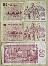 Bankovky 50 + 500 + 500 Kčs