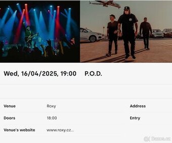 2 vstupenky na P.O.D. - 16. dubna v Roxy Praha