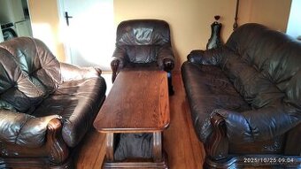 Kožená sedací souprava – tmavě hnědá, masivní dřevo