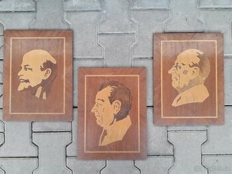 Dřevěné obrazy 3 ks-intarzie prezidentů.