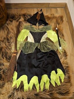 Kostým Čarodějnice, klobouk, nos, hůlka, koště,  vel.110-116