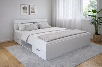 Komplet postel s úložným prostorem, rošty a matrací. Bílá