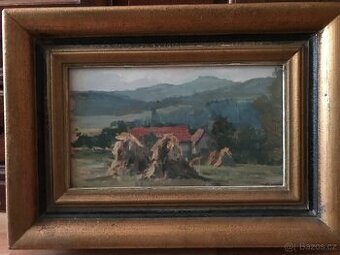 Starožitný obraz, velmi masivní dřevěný rám, 53x37