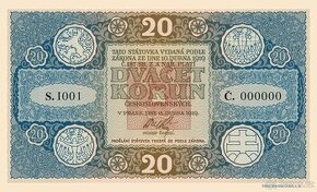 Novotisk státovky 20 Kč z roku 1919, uložena ve foldru