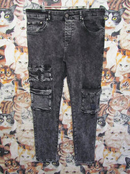 Šedé acid wash cargo džíny boohoo MAN s kapsami