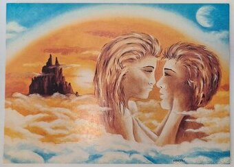 Pohlednice - malba milenci u slunce