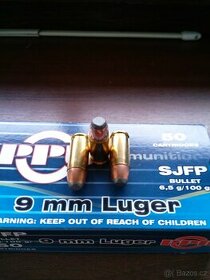 9 mm Luger náboje PPU,SP 6,5g a Black mamba