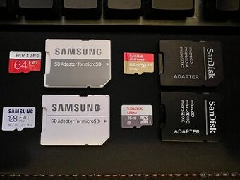 4× microSD Samsung + SanDisk (A2/V30) + adaptéry