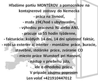 Montér, montážnik, pomocník Nemecko kontajnerové zostavy
