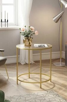 Designový kulatý odkládací stolek – zlatý rám + skleněná des
