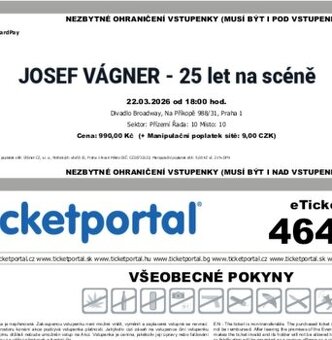 2x vstupenka na koncert Josef Vágner 25 let na scéně