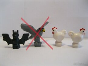 Lego slepice bílá a červenohnědá, netopýr, racek, ptáček