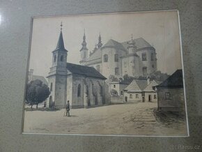 Obraz dvou kostelů v Litomyšli, kresba tuží