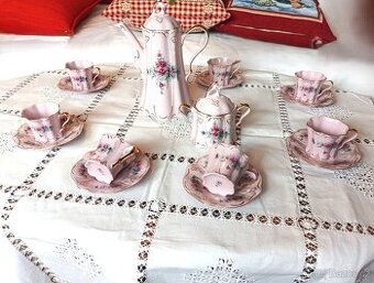 Růžový porcelán - retro, krásná čajová souprava