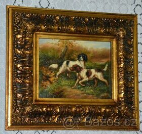 Zámecký obraz - Lovečtí psi - olej na desce