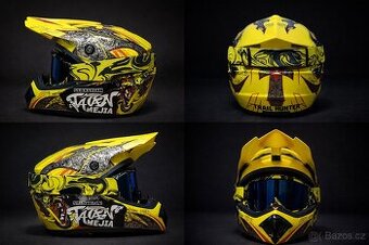 MTB / downhill přilba s brýlemi, žlutý design