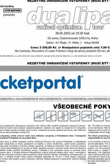 Dua Lipa - Praha - 2 vstupenky sezení - středa 28.5.