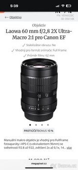 Objektiv Laowa 60mm f/2,8 2x ultra macro Canon EF