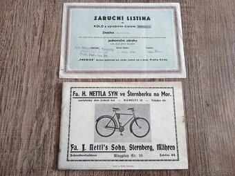 Prospekt NETTLA, záruční list Premier 1935, článek PWB 1959 - 1