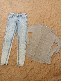 Plísňové úzké džíny, vel.34, šedý cardigan, vel S - 1