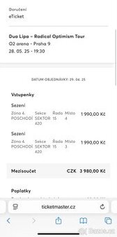 Vstupenky 2ks Dua Lipa 28.5.2025