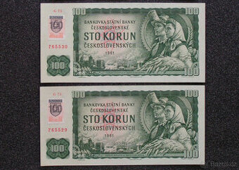 2 x 100 Kčs 1961 s čísly po sobě