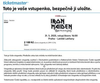 IRON MAIDEN vstupenka 31.5.2025 Praha - Letňany