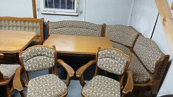 Rustikální masivní rohová lavice+2židle+rozkládací stůl