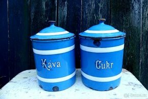 Cukr a káva, smaltované dózy s víkem, modrý smalt