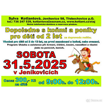 Dopoledne s koňmi a poníky pro děti.. 31.5. a 1.6. - 1