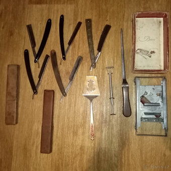 Prodám staré břitvy 5 kusů a nůž na dopisy,německou brusku ž