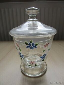 STARÁ SKLENĚNÁ MALOVANÁ CUKŘENKA, DÓZA NA BONBÓNY - NĚMECKO