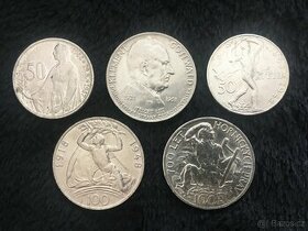 5 kusů stříbrných 15 a 100 Kčs ČSSR, každá mince jiná