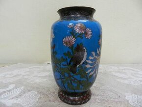 Krásná bohatě zdobená modrá Váza Motýl Pták Cloisonne Smalt 