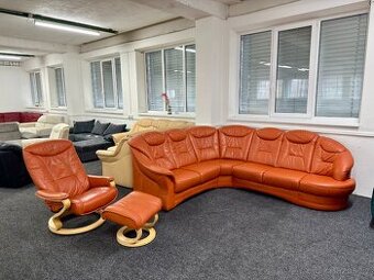 Rohová sedací souprava + křeslo + tab. - kůže - zánovní