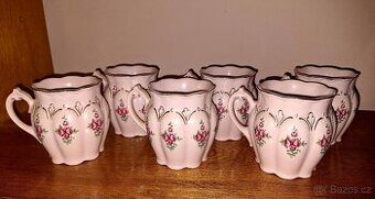 6 ks Hrníčků - zlacený růžový porcelán